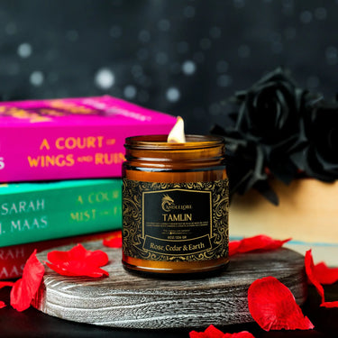 Tamlin Candle lit with books